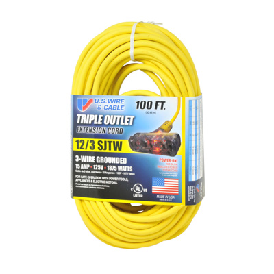 US Wire & Cable 100ft 12/3 SJTW Extension Cord w/ 3 Grounded Outlets